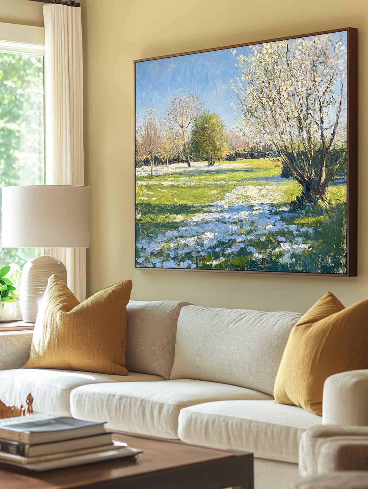 Green‑Blue‑White Square Impasto Spring Garden Scenery Textured Artwork