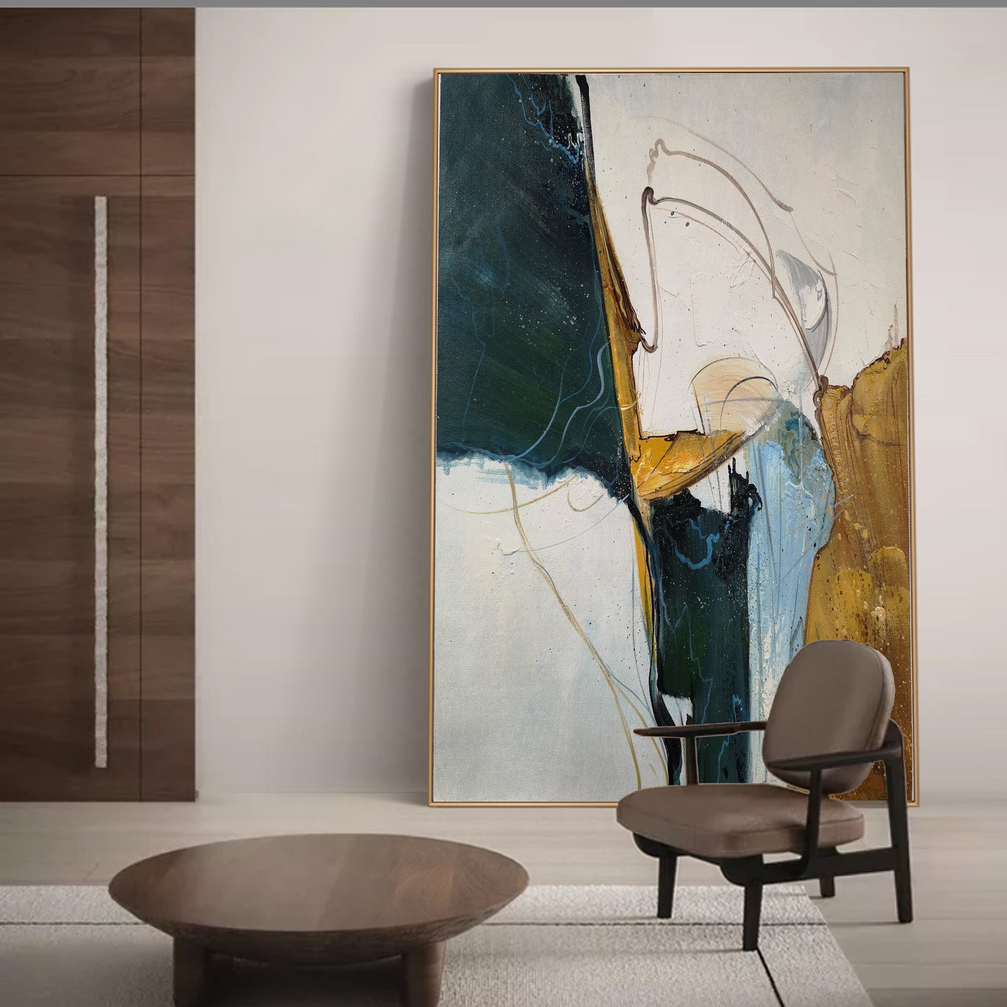 Contemporary Teal Gold Abstract Expressionist Wall Art