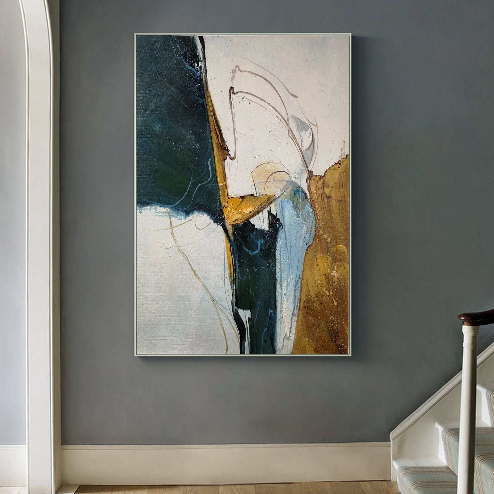 Contemporary Teal Gold Abstract Expressionist Wall Art