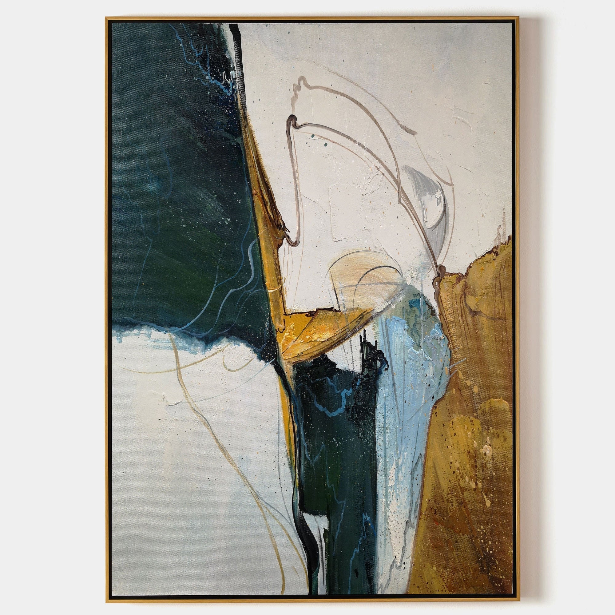Contemporary Teal Gold Abstract Expressionist Wall Art