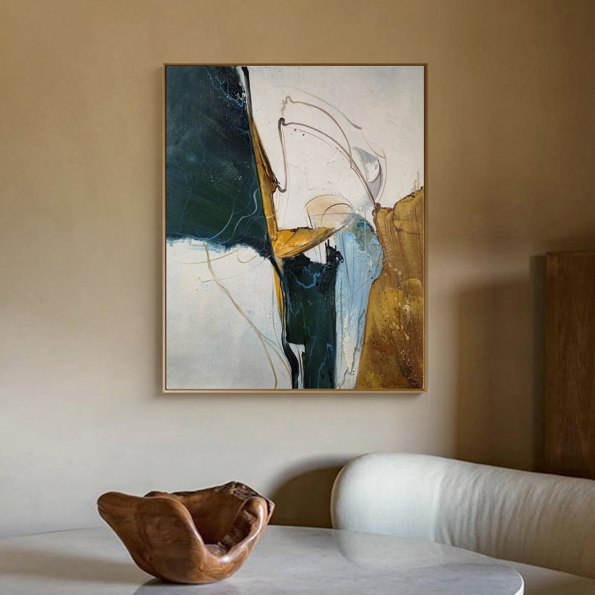 Contemporary Teal Gold Abstract Expressionist Wall Art
