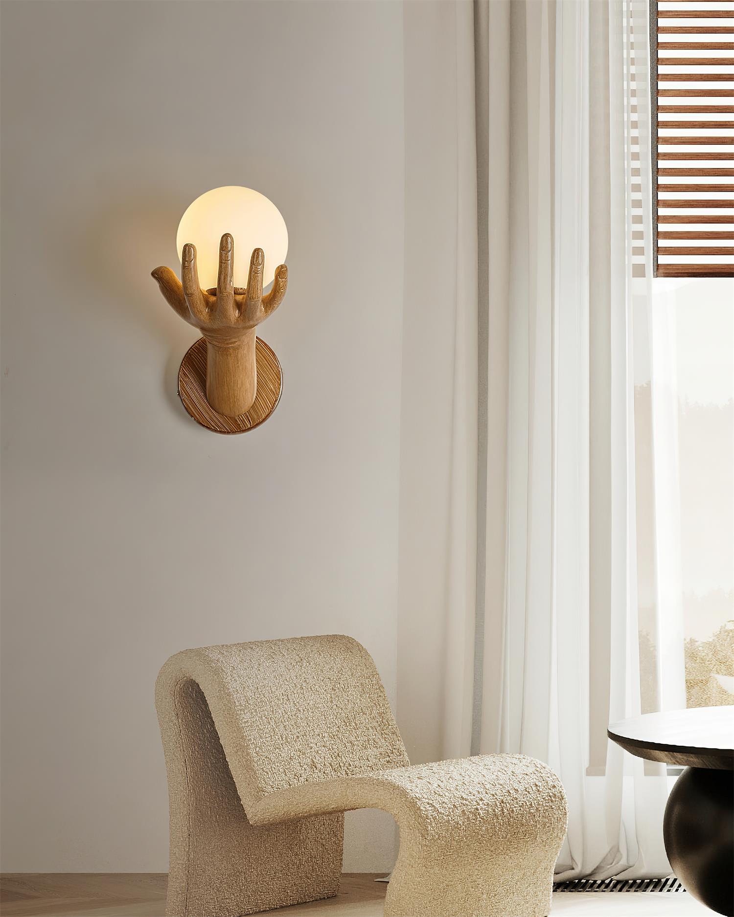 Wall Lamp Polymer Body Hand Shape Globe Shade Wood Grain - Neutralighting
