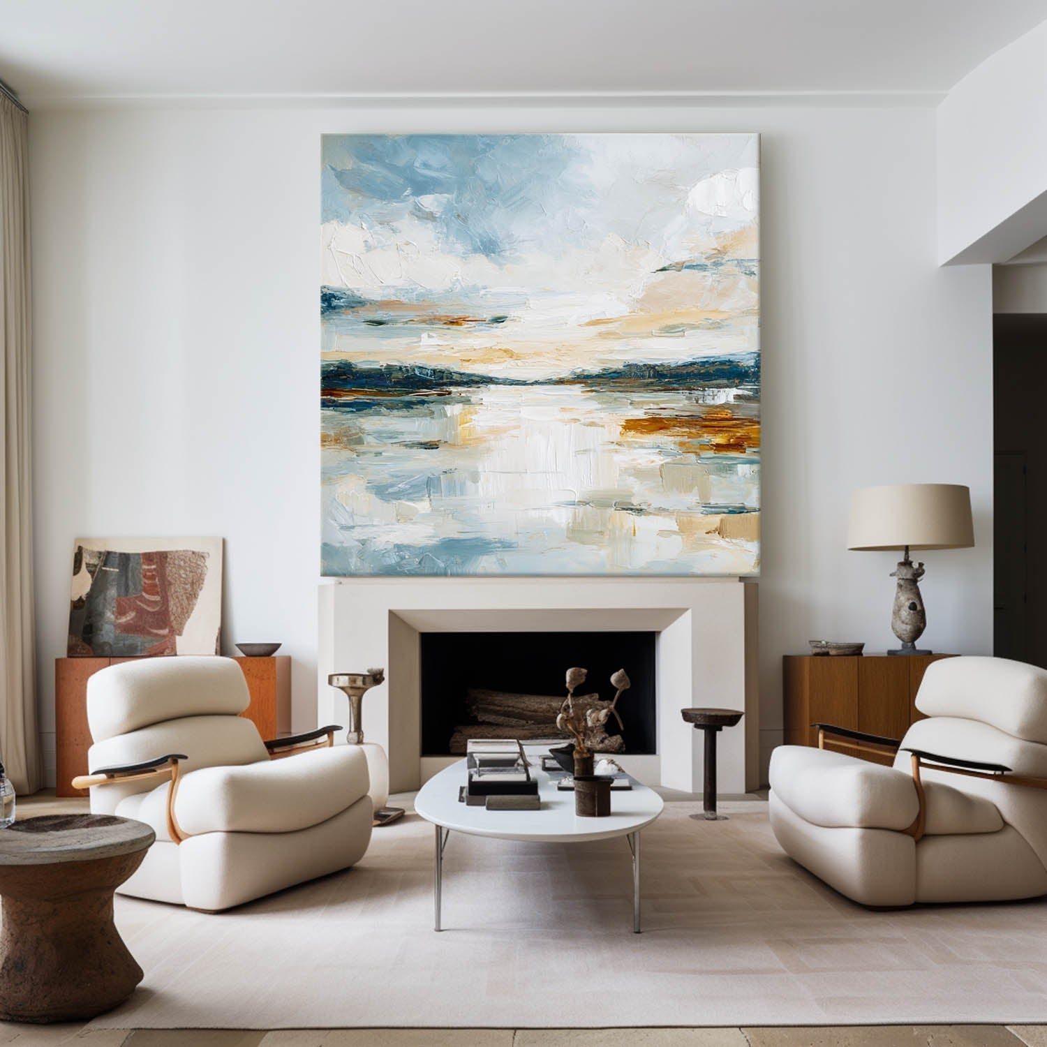 Blue‑White‑Ochre Vertical Abstract Coastal Impasto Textured Artwork