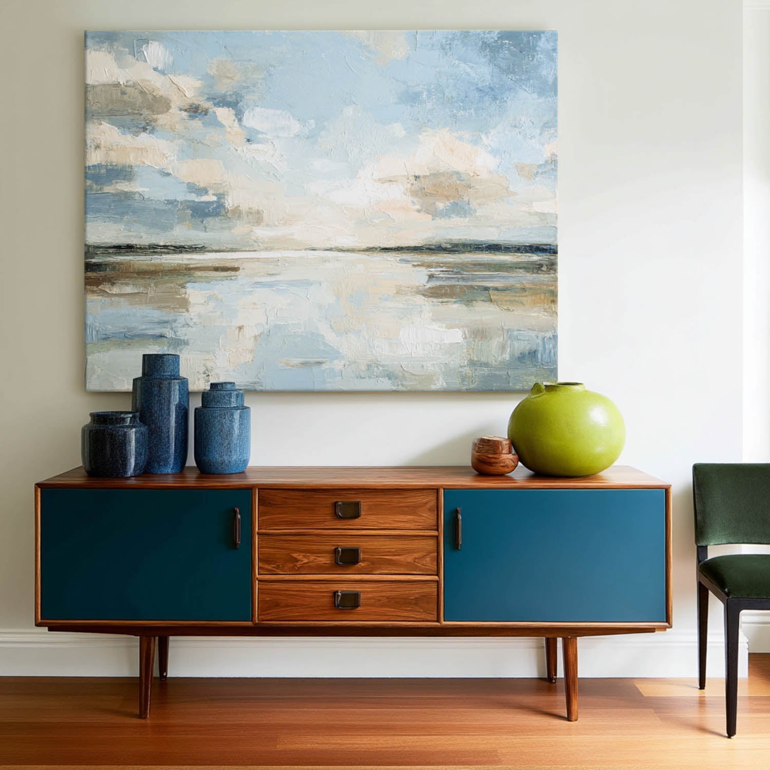 Blue‑Cream‑Beige Horizontal Impasto Abstract Coastal Seascape Artwork