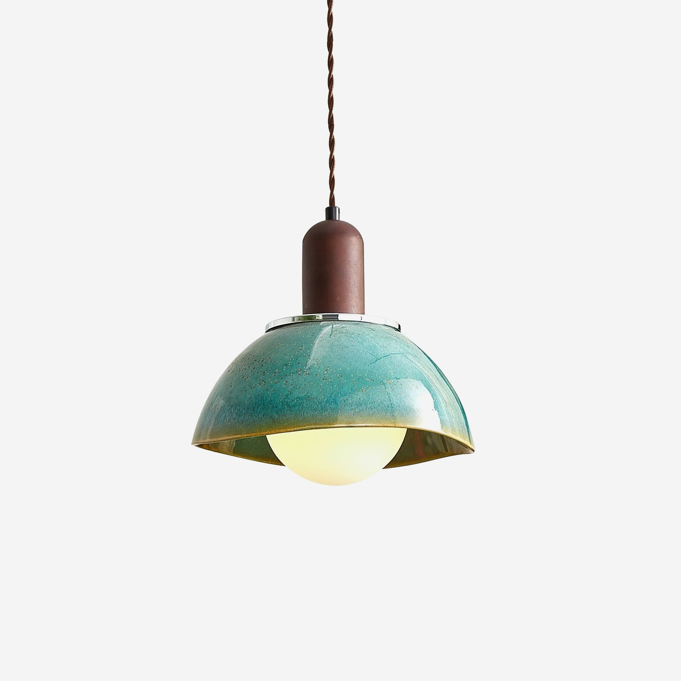 Pendant Lamp Ceramic Glazed Dome Walnut Wood Rustic Ambient Glow - Neutralighting