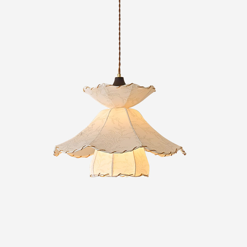 Pendant Lamp Scalloped Layered Fabric Shade Wood Minimalist - Neutralighting