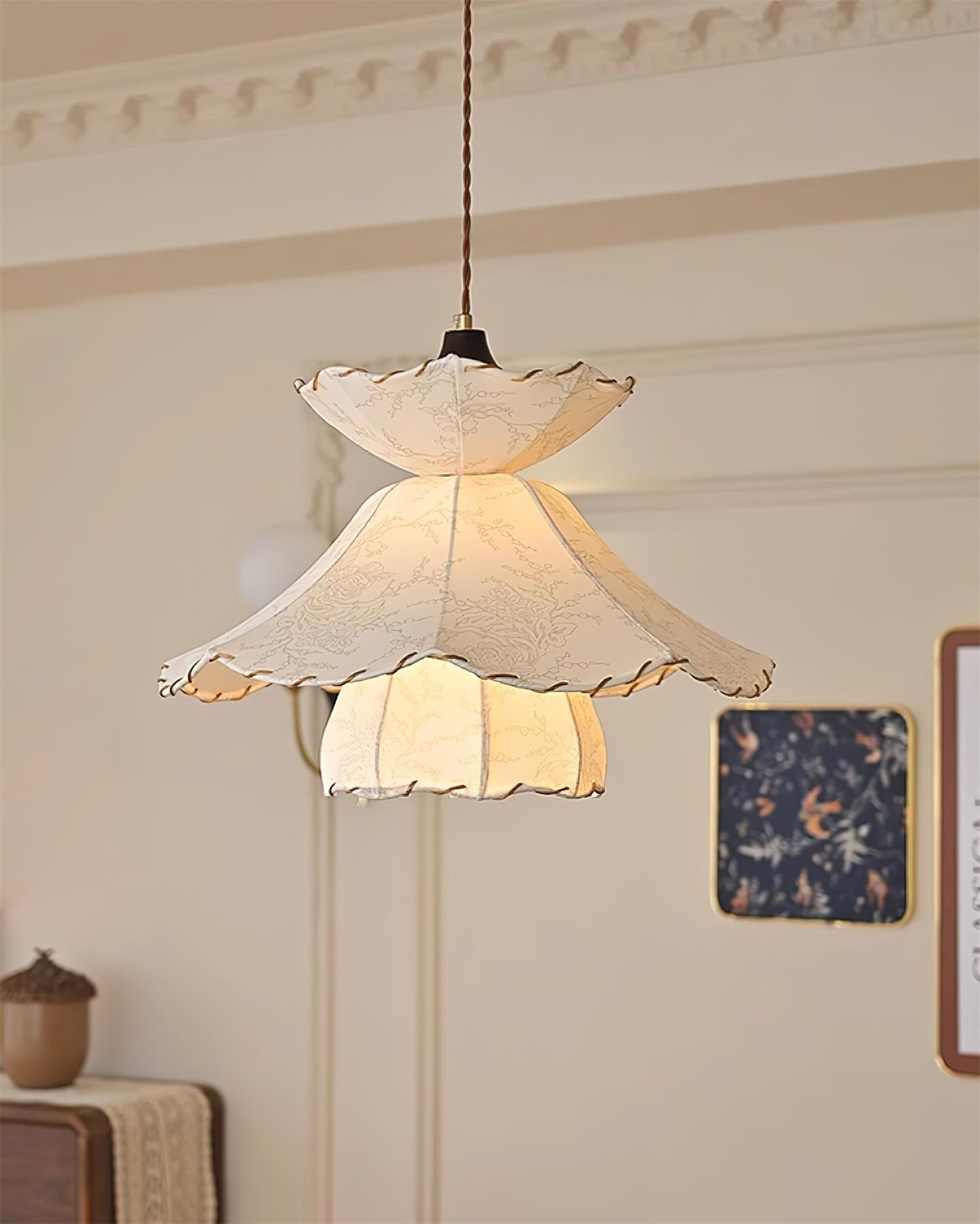 Pendant Lamp Scalloped Layered Fabric Shade Wood Minimalist - Neutralighting