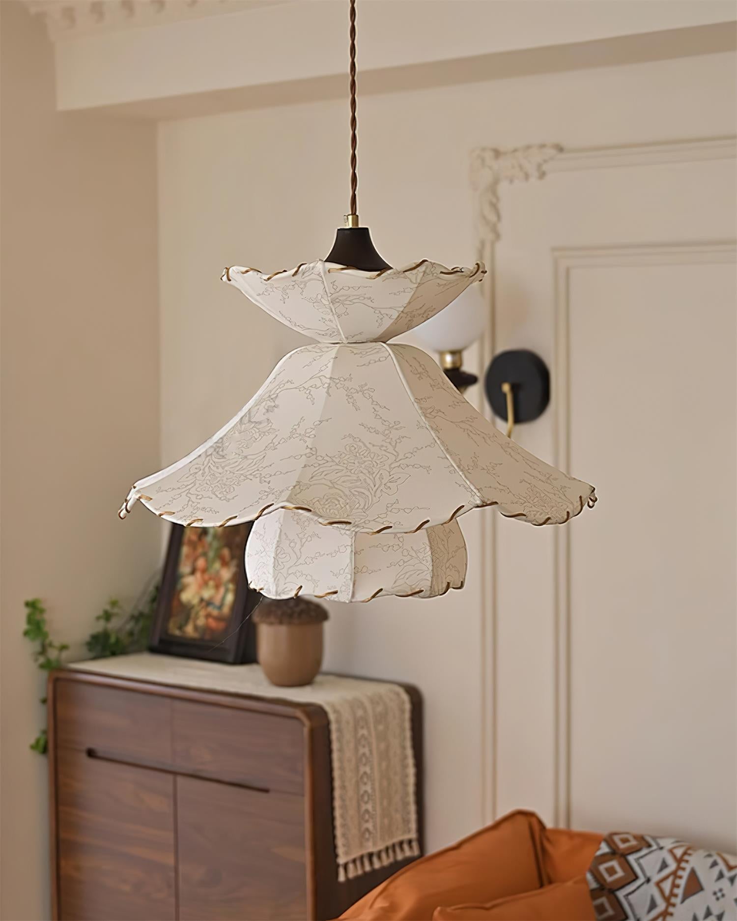Pendant Lamp Scalloped Layered Fabric Shade Wood Minimalist - Neutralighting