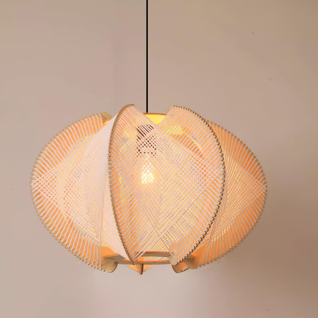 Pendant Light with Fabric Shade, Wooden Frame, and Wire Detail - Neutralighting