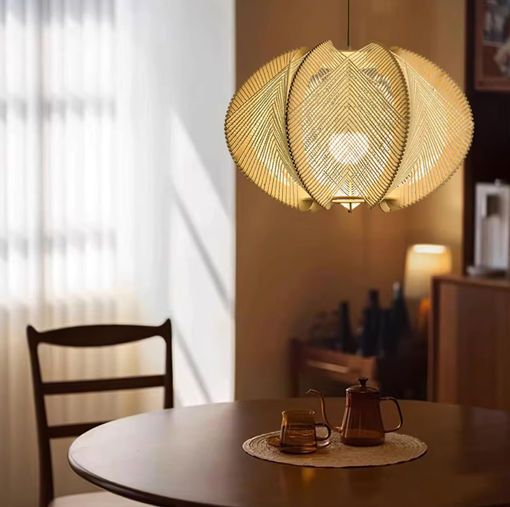 Pendant Light with Fabric Shade, Wooden Frame, and Wire Detail - Neutralighting