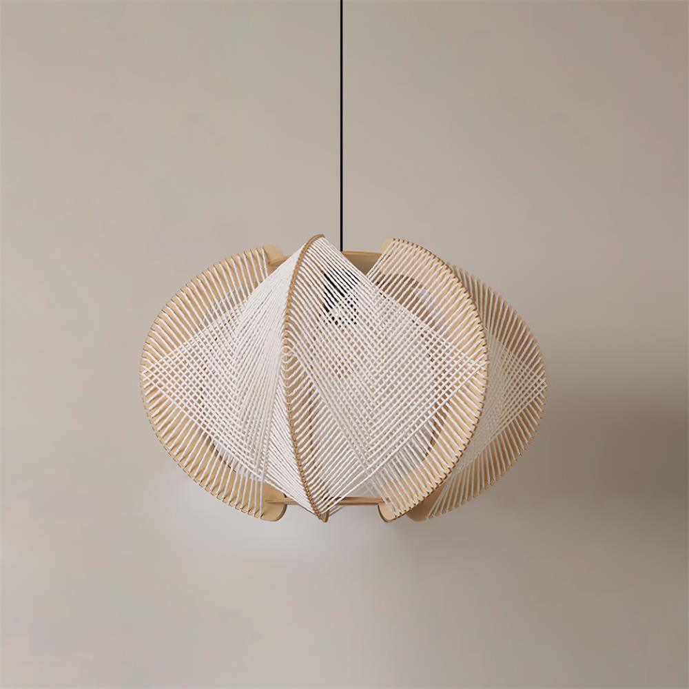 Pendant Light with Fabric Shade, Wooden Frame, and Wire Detail - Neutralighting