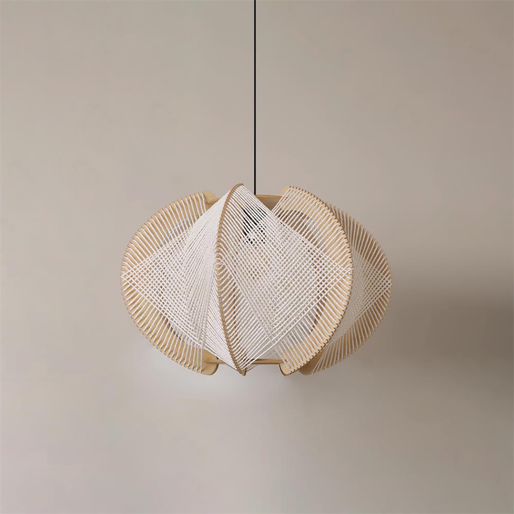 Pendant Light with Fabric Shade, Wooden Frame, and Wire Detail - Neutralighting