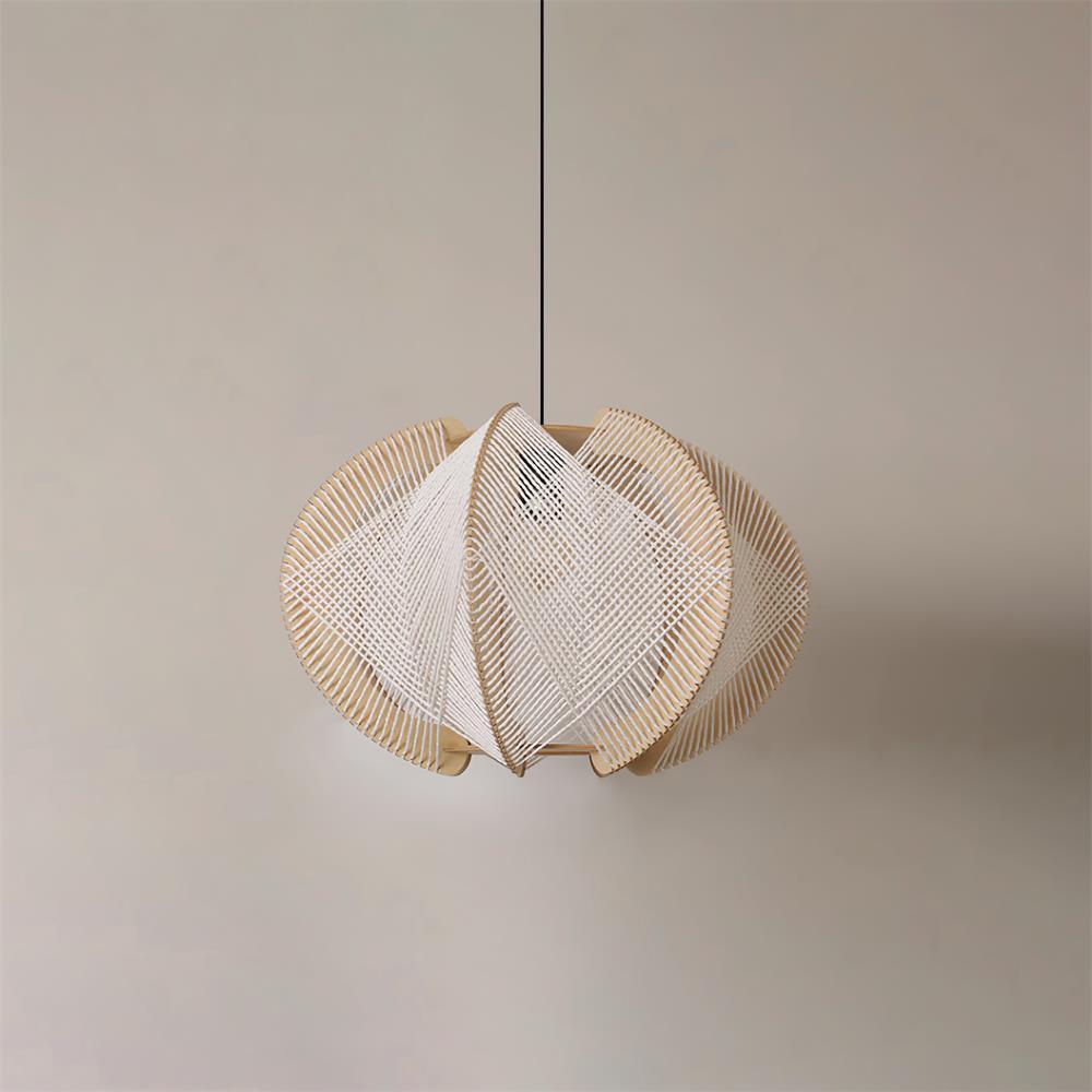 Pendant Light with Fabric Shade, Wooden Frame, and Wire Detail - Neutralighting
