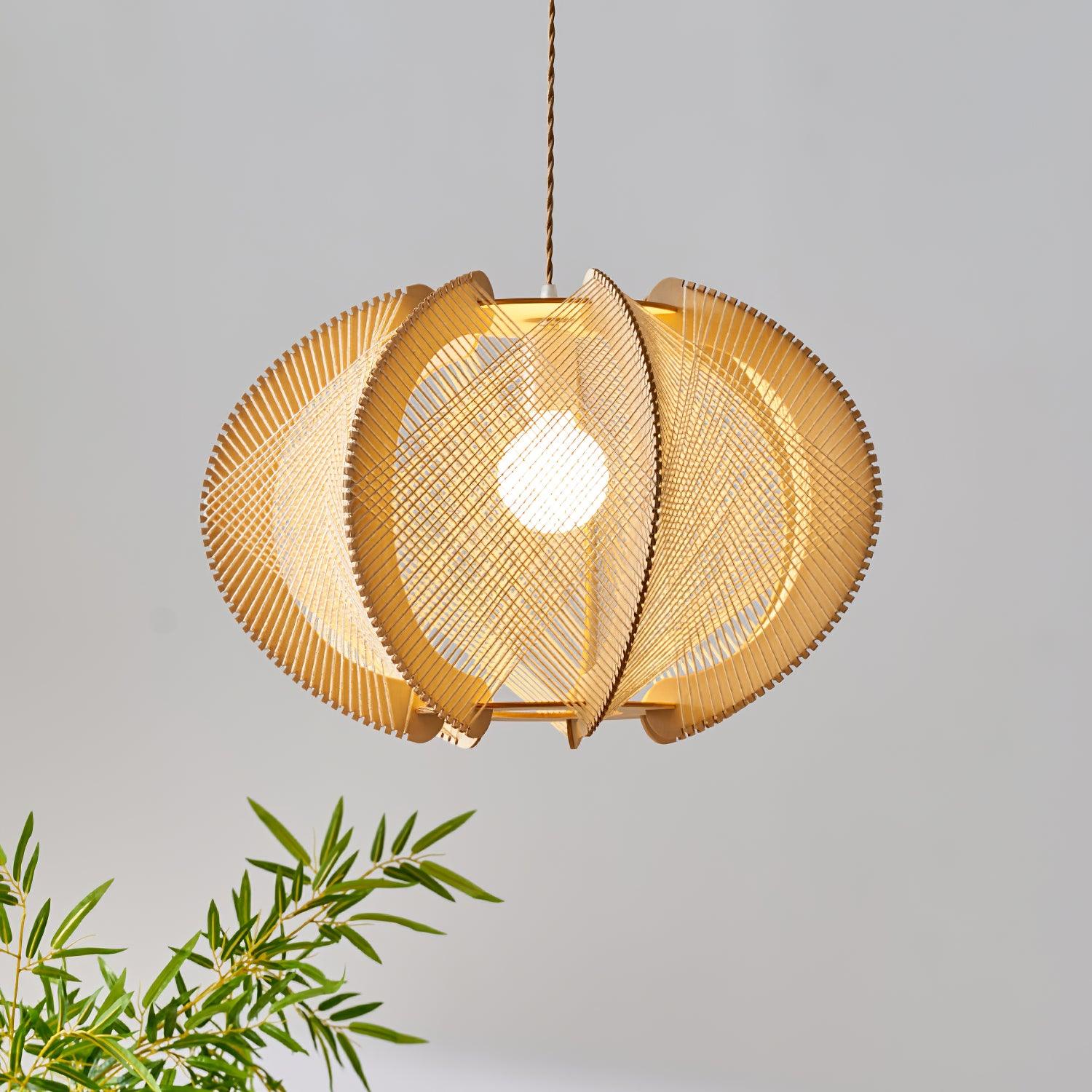 Pendant Light with Fabric Shade, Wooden Frame, and Wire Detail - Neutralighting