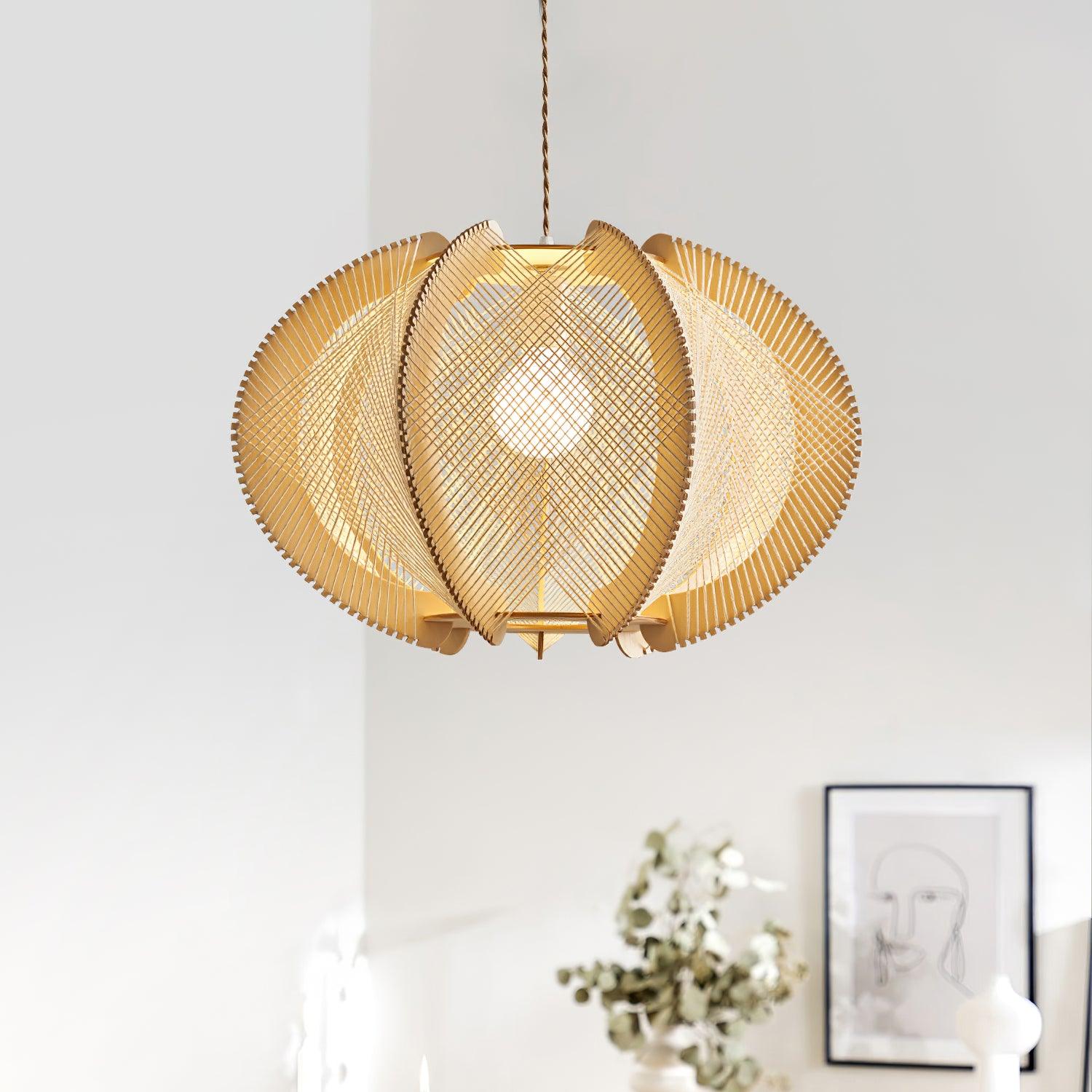 Pendant Light with Fabric Shade, Wooden Frame, and Wire Detail - Neutralighting
