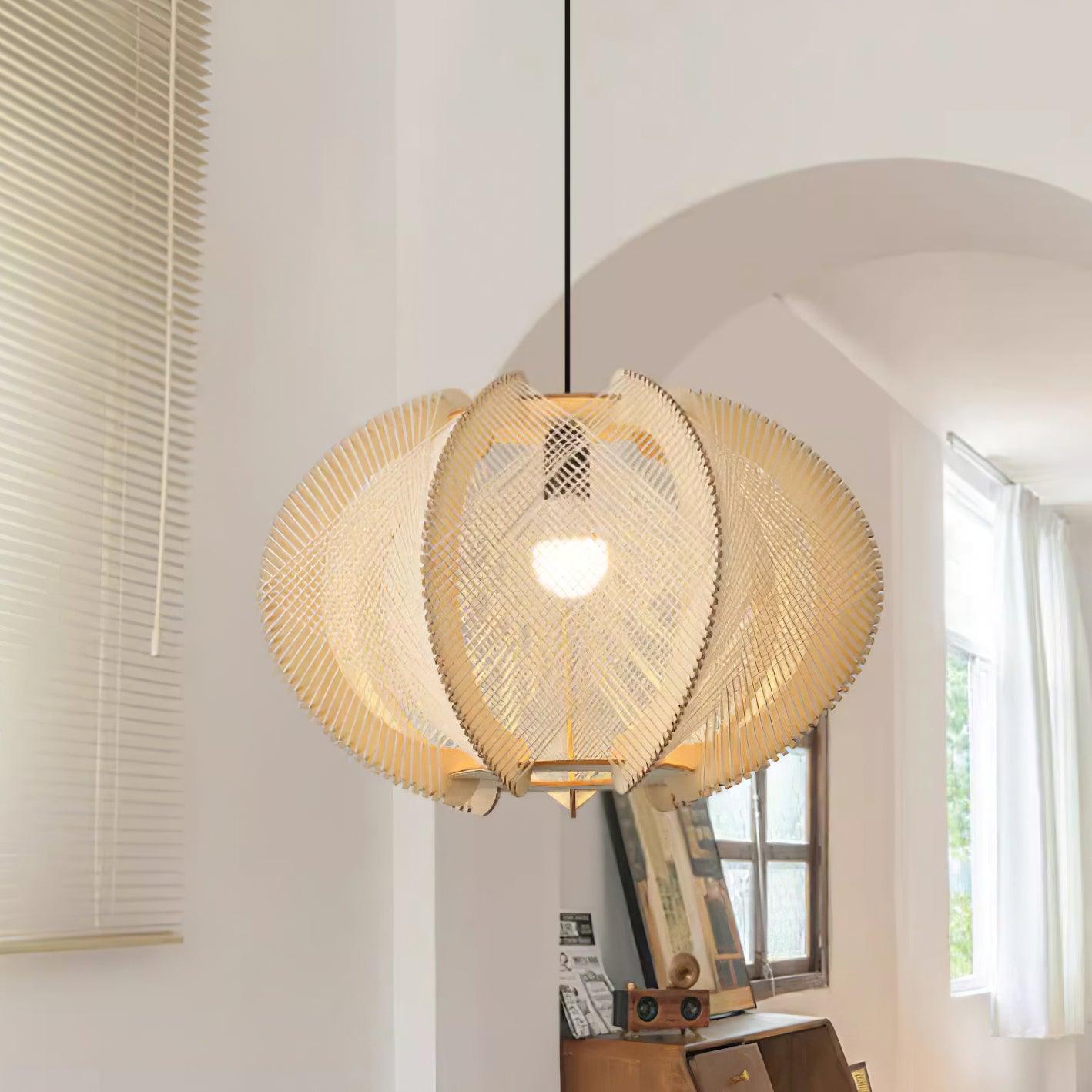 Pendant Light with Fabric Shade, Wooden Frame, and Wire Detail - Neutralighting