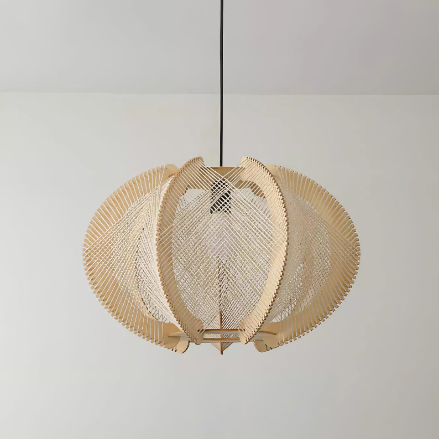 Pendant Light with Fabric Shade, Wooden Frame, and Wire Detail - Neutralighting