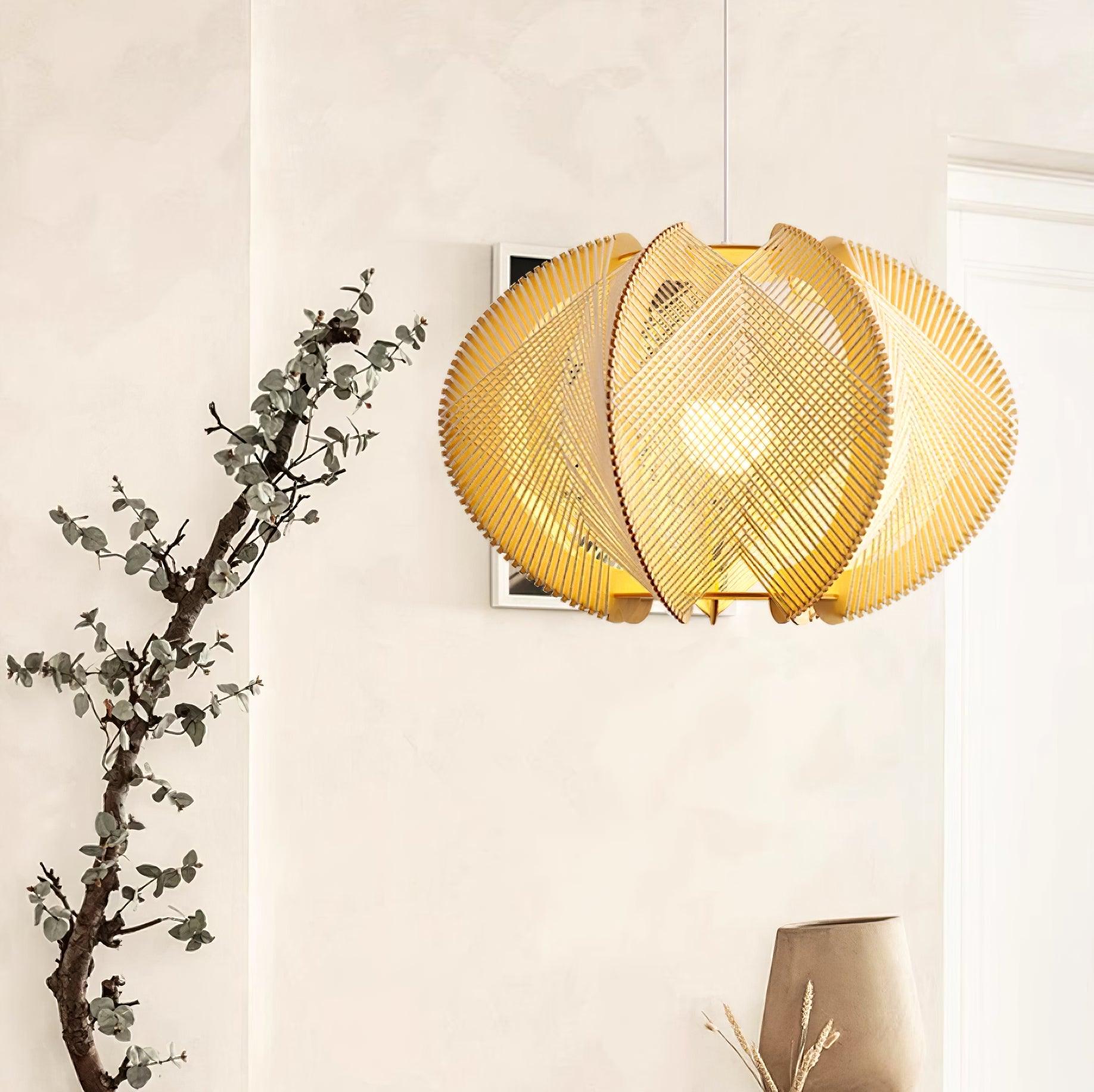 Pendant Light with Fabric Shade, Wooden Frame, and Wire Detail - Neutralighting
