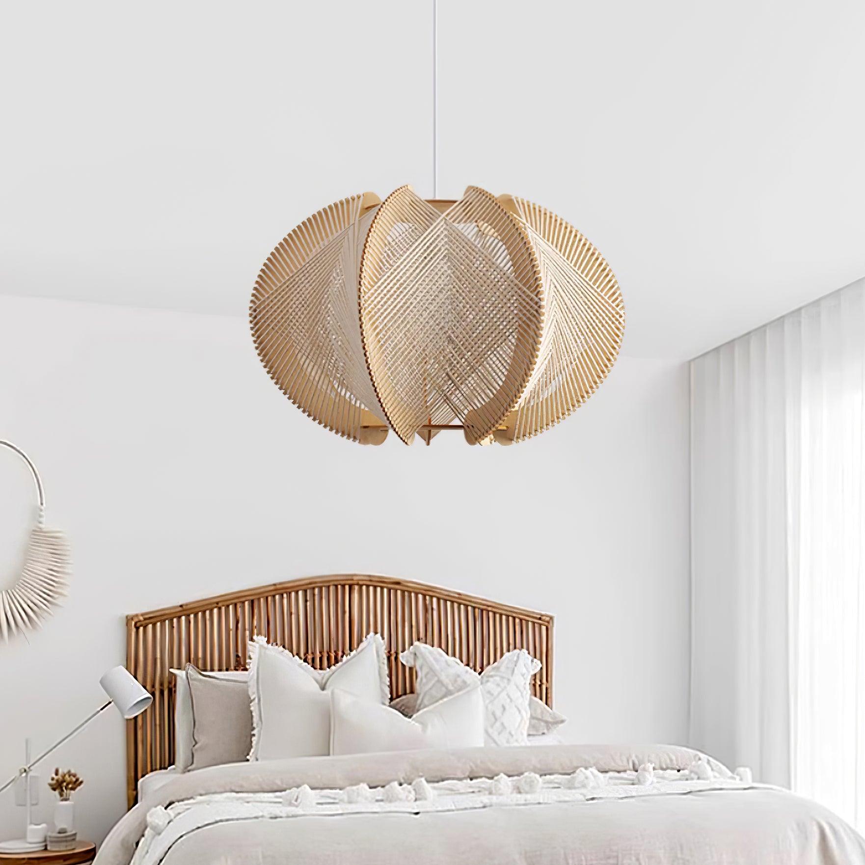 Pendant Light with Fabric Shade, Wooden Frame, and Wire Detail - Neutralighting