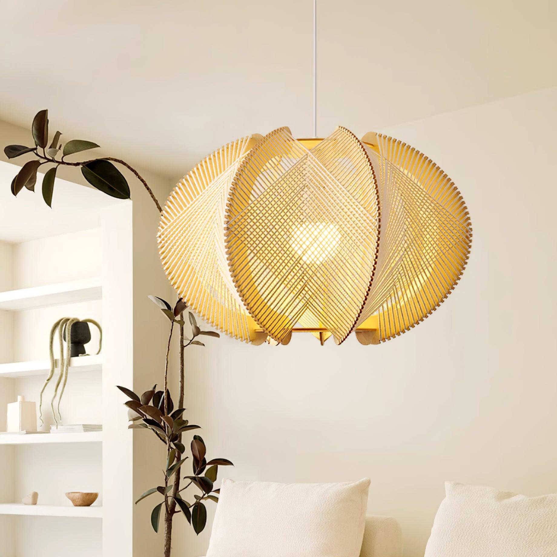Pendant Light with Fabric Shade, Wooden Frame, and Wire Detail - Neutralighting
