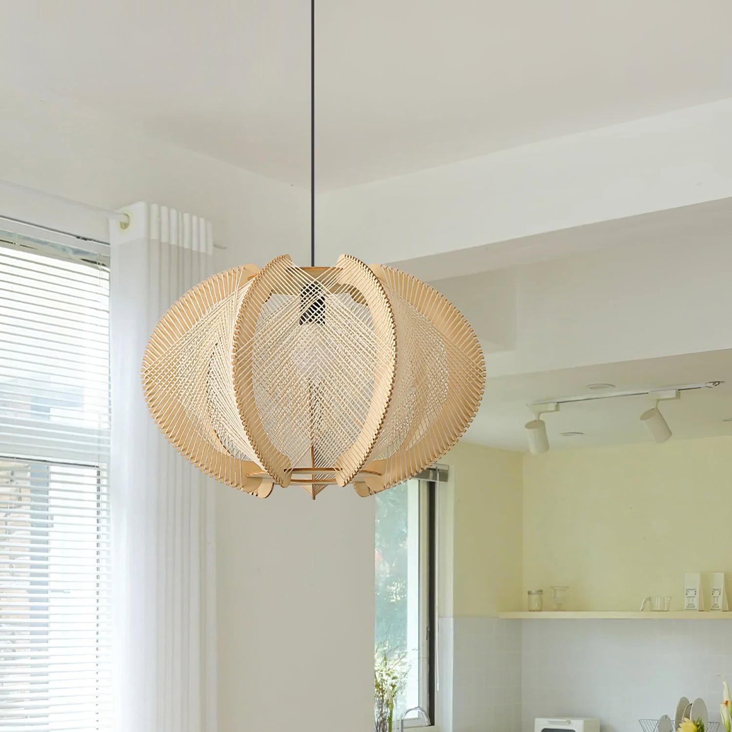 Pendant Light with Fabric Shade, Wooden Frame, and Wire Detail - Neutralighting