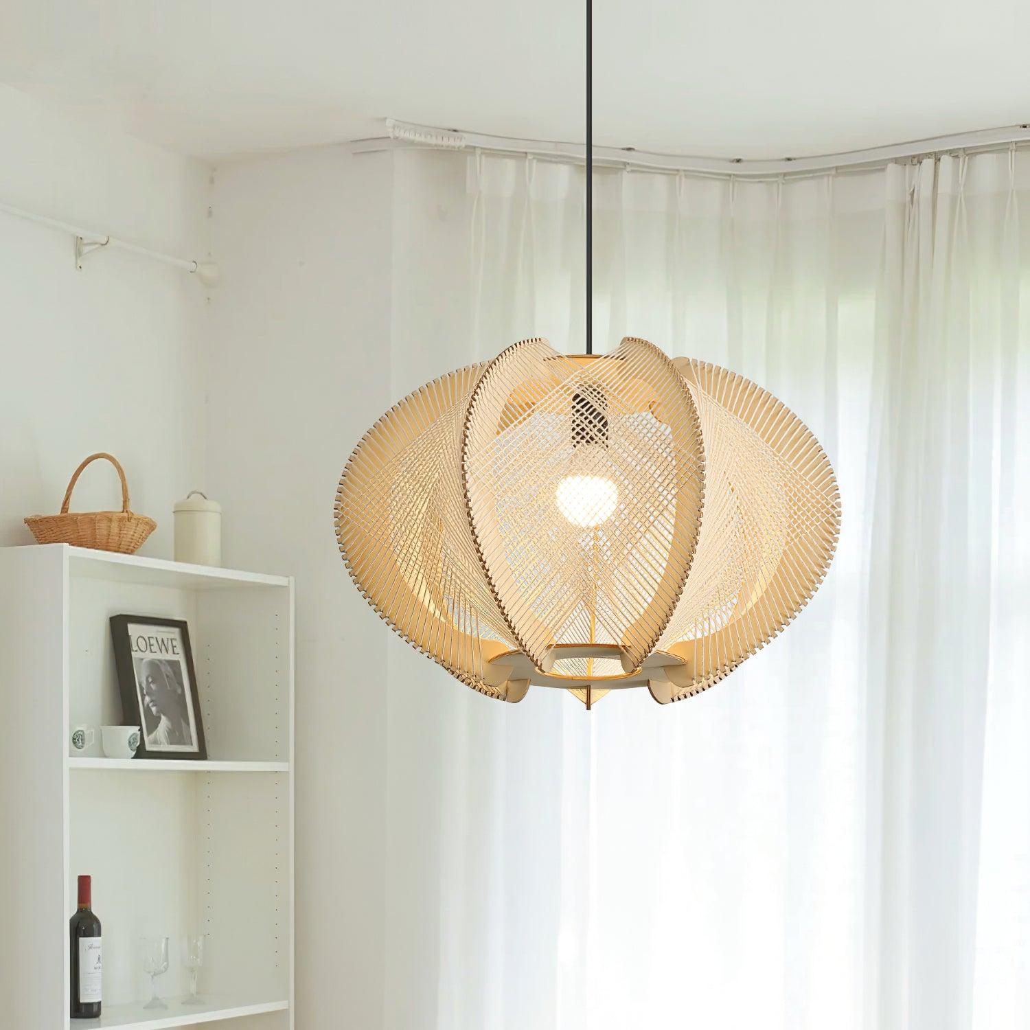 Pendant Light with Fabric Shade, Wooden Frame, and Wire Detail - Neutralighting
