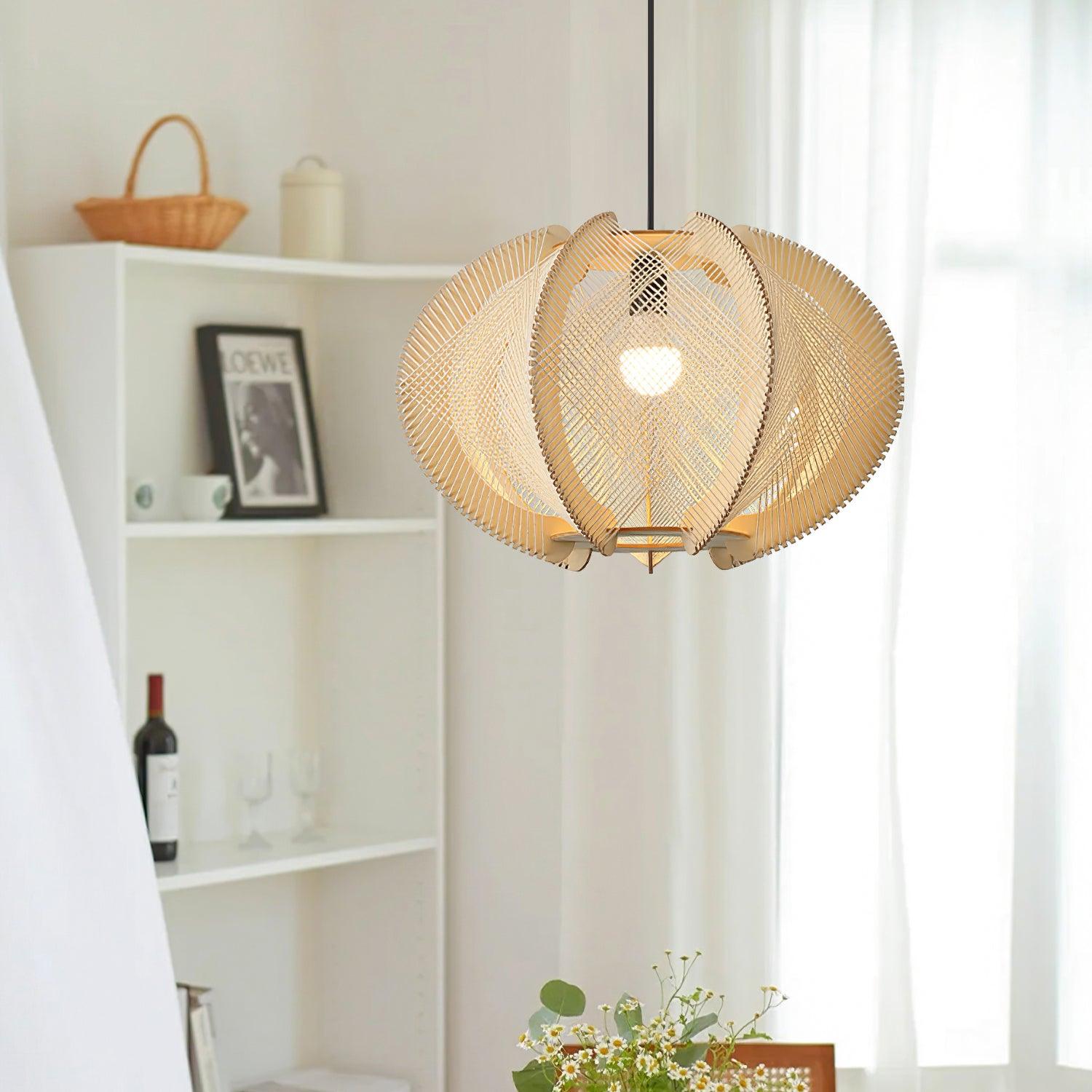Pendant Light with Fabric Shade, Wooden Frame, and Wire Detail - Neutralighting