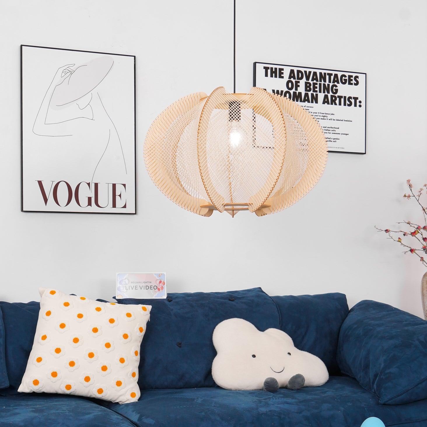 Pendant Light with Fabric Shade, Wooden Frame, and Wire Detail - Neutralighting