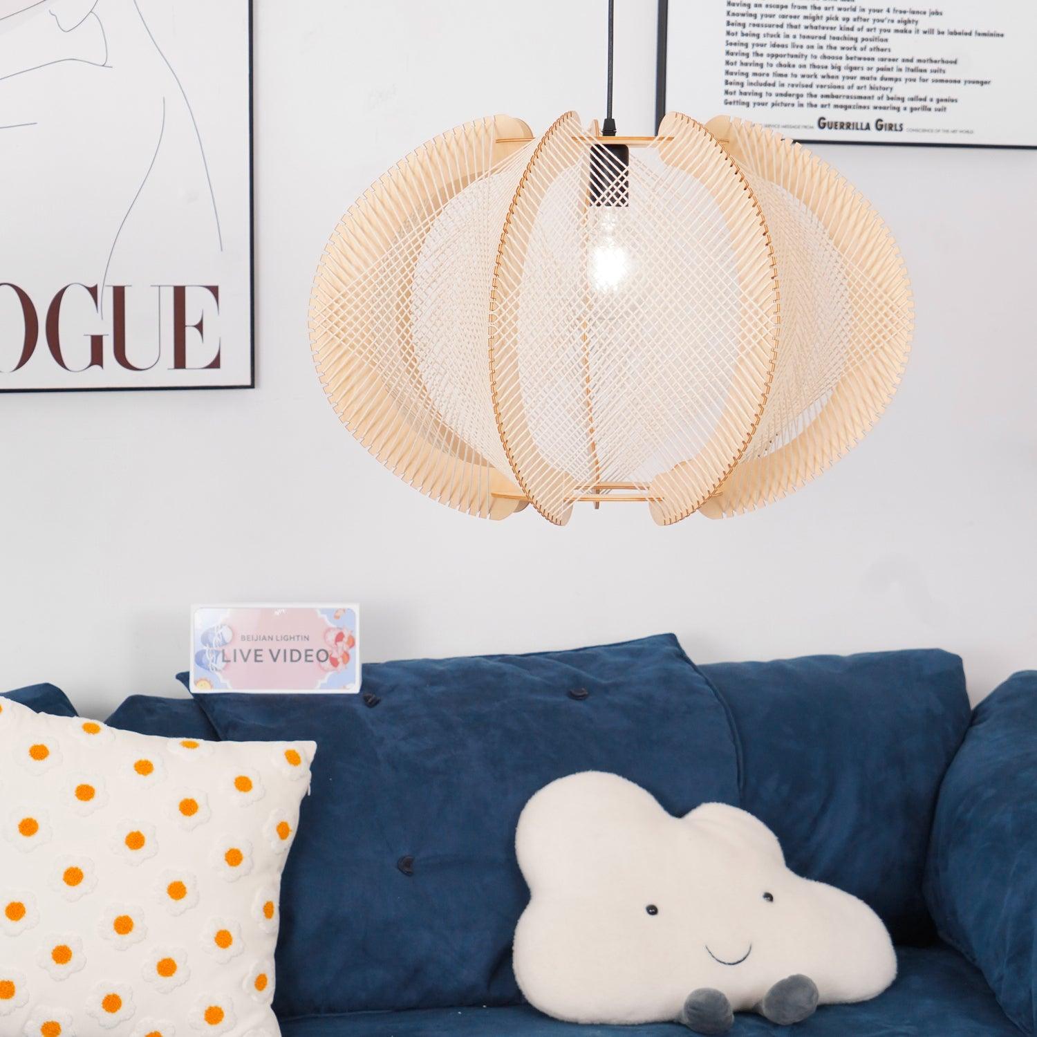 Pendant Light with Fabric Shade, Wooden Frame, and Wire Detail - Neutralighting