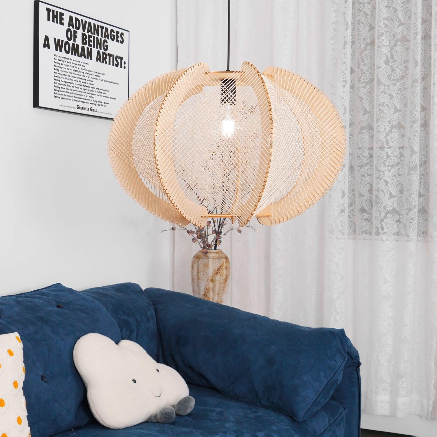 Pendant Light with Fabric Shade, Wooden Frame, and Wire Detail - Neutralighting