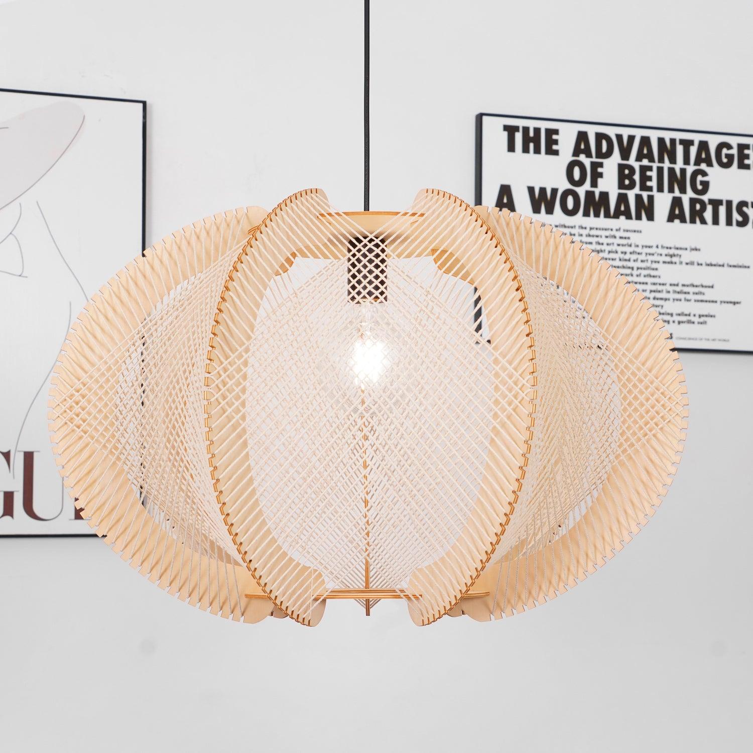 Pendant Light with Fabric Shade, Wooden Frame, and Wire Detail - Neutralighting