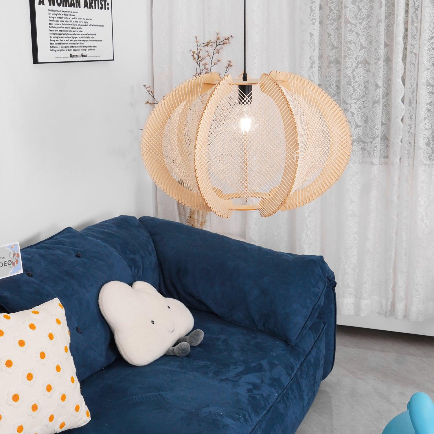 Pendant Light with Fabric Shade, Wooden Frame, and Wire Detail - Neutralighting