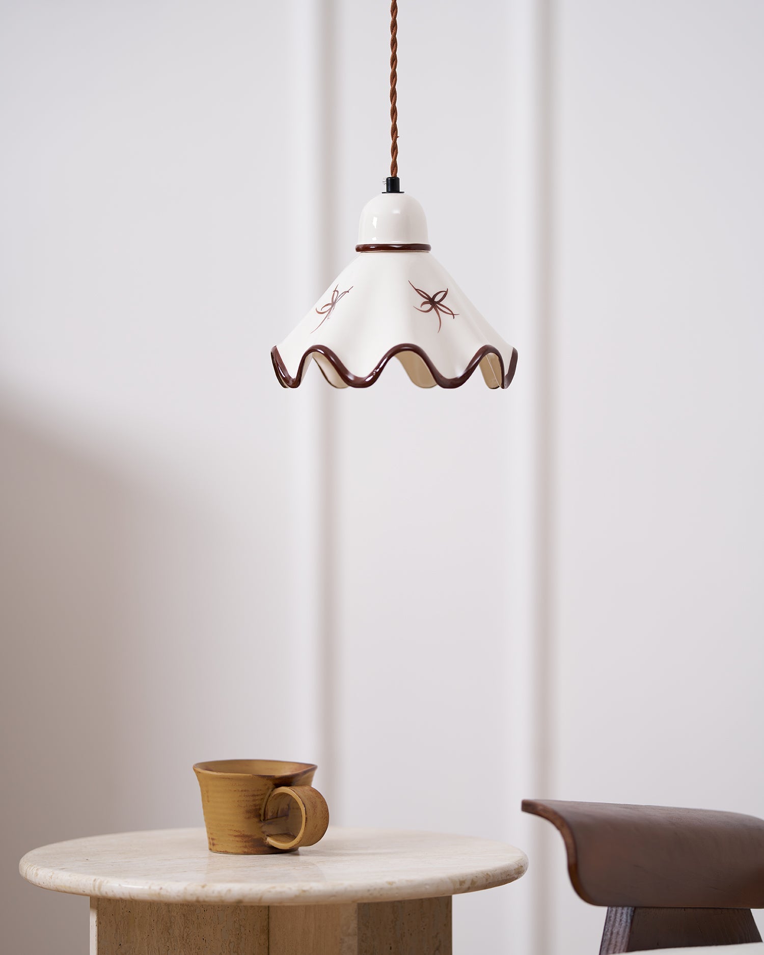 Pendant Lamp Ceramic Wavy Shade Rustic Brown Trim Retro Farmhouse - Neutralighting