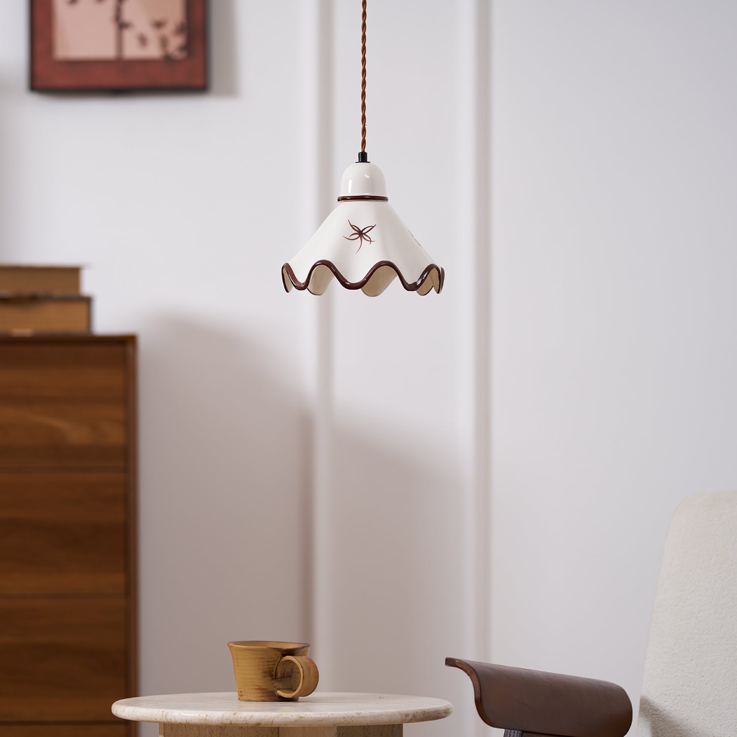 Pendant Lamp Ceramic Wavy Shade Rustic Brown Trim Retro Farmhouse - Neutralighting