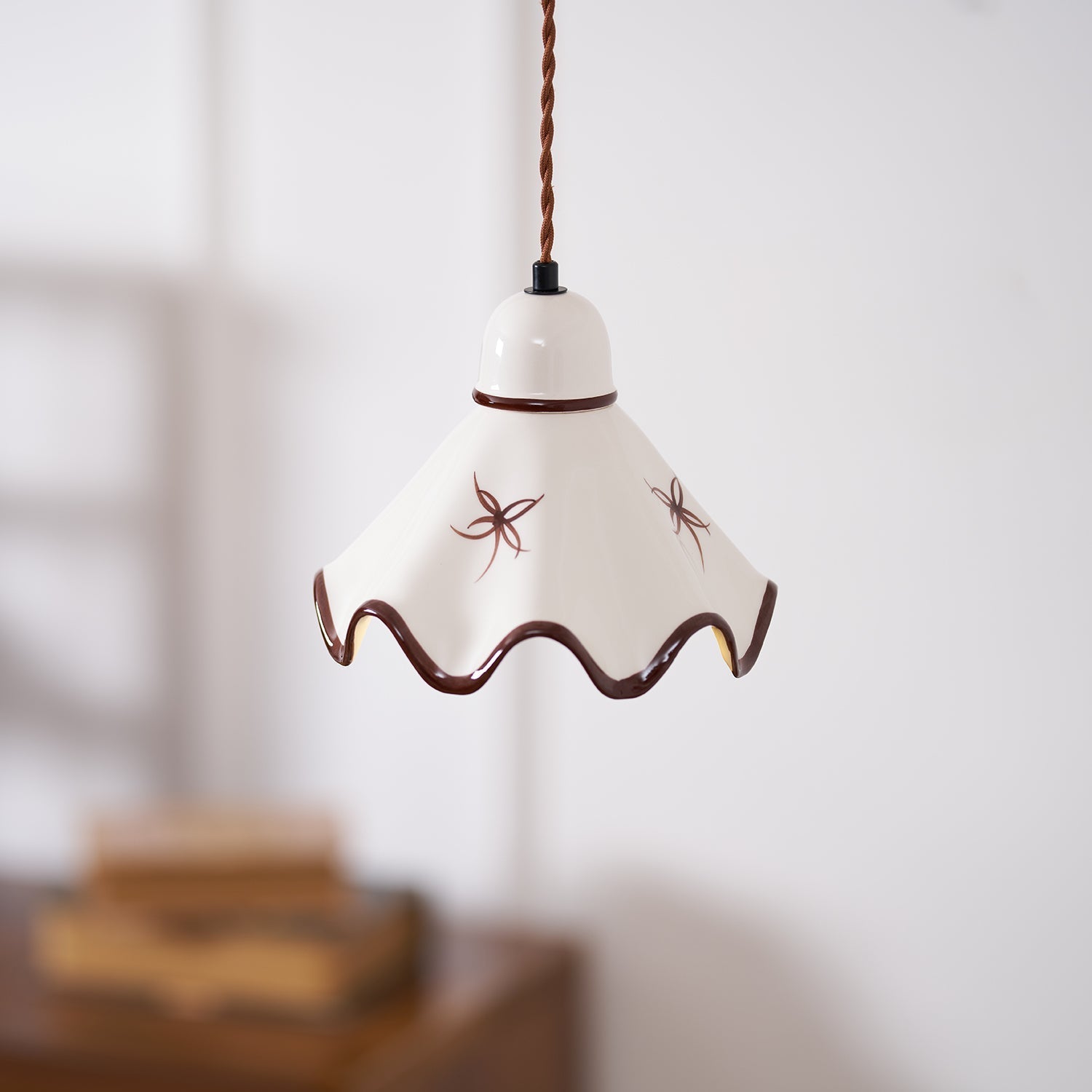 Pendant Lamp Ceramic Wavy Shade Rustic Brown Trim Retro Farmhouse - Neutralighting