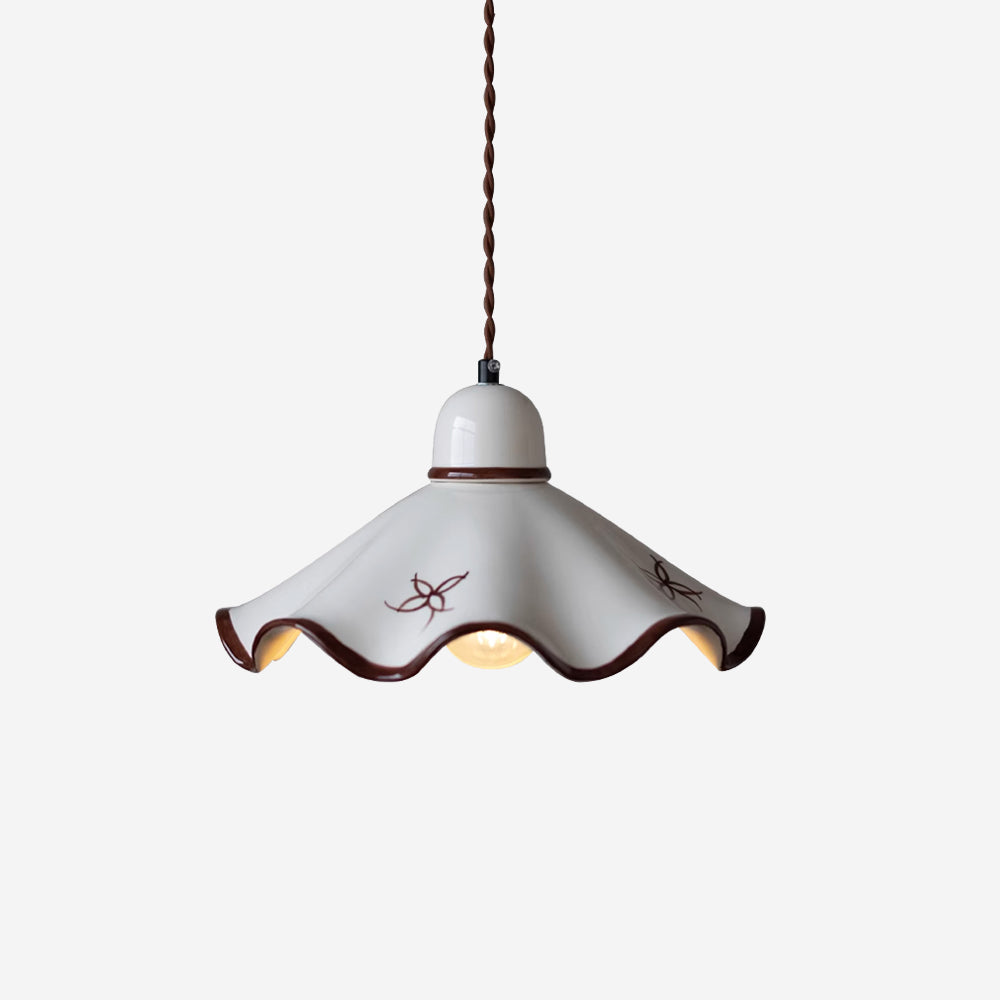 Pendant Lamp Ceramic Wavy Shade Rustic Brown Trim Retro Farmhouse - Neutralighting