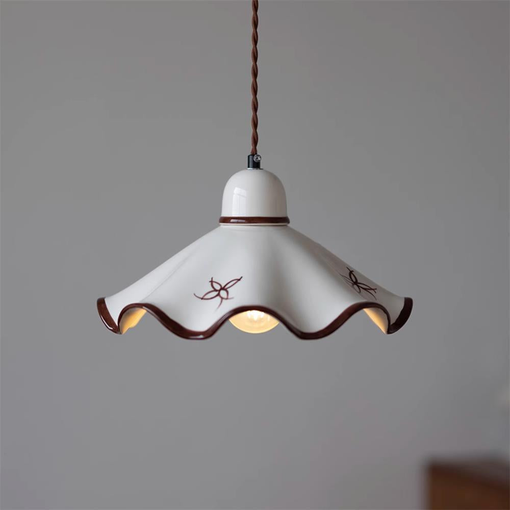 Pendant Lamp Ceramic Wavy Shade Rustic Brown Trim Retro Farmhouse - Neutralighting