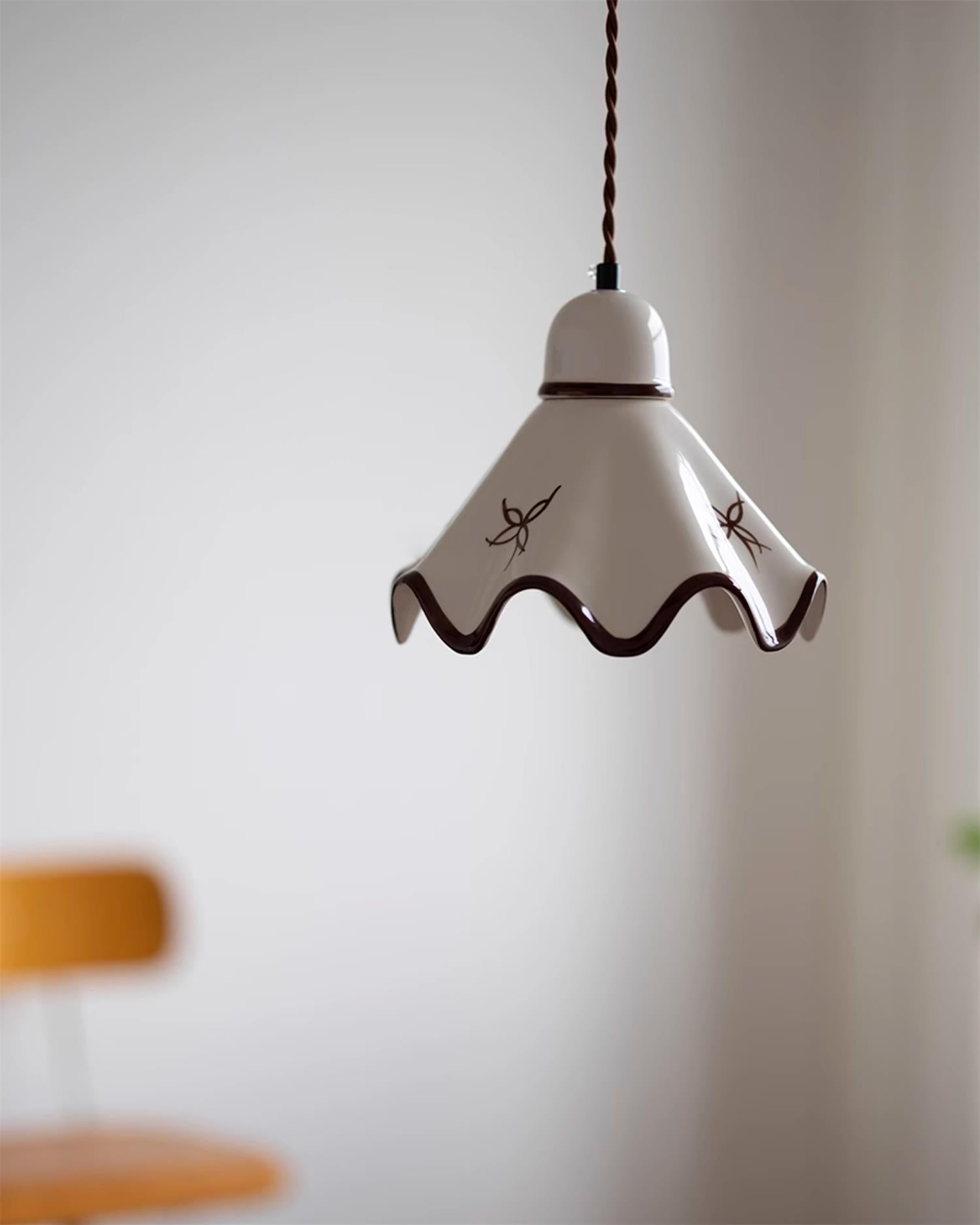 Pendant Lamp Ceramic Wavy Shade Rustic Brown Trim Retro Farmhouse - Neutralighting