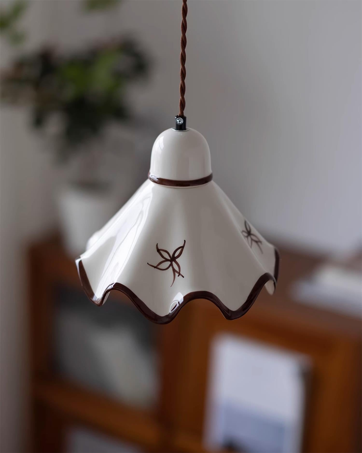 Pendant Lamp Ceramic Wavy Shade Rustic Brown Trim Retro Farmhouse - Neutralighting