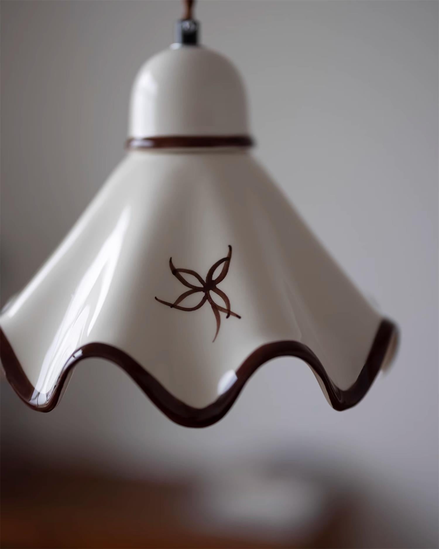 Pendant Lamp Ceramic Wavy Shade Rustic Brown Trim Retro Farmhouse - Neutralighting