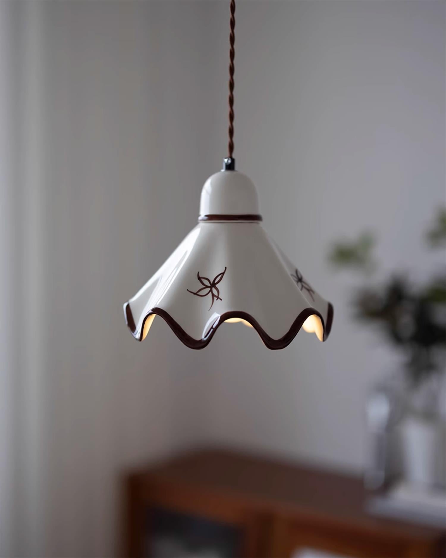 Pendant Lamp Ceramic Wavy Shade Rustic Brown Trim Retro Farmhouse - Neutralighting