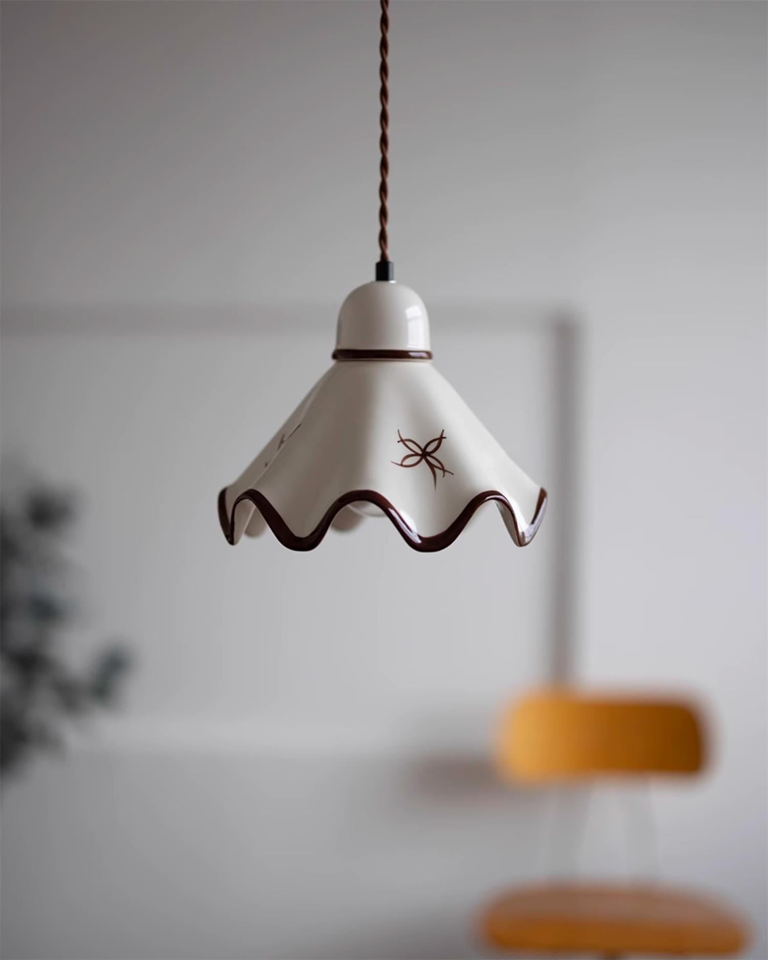 Pendant Lamp Ceramic Wavy Shade Rustic Brown Trim Retro Farmhouse - Neutralighting
