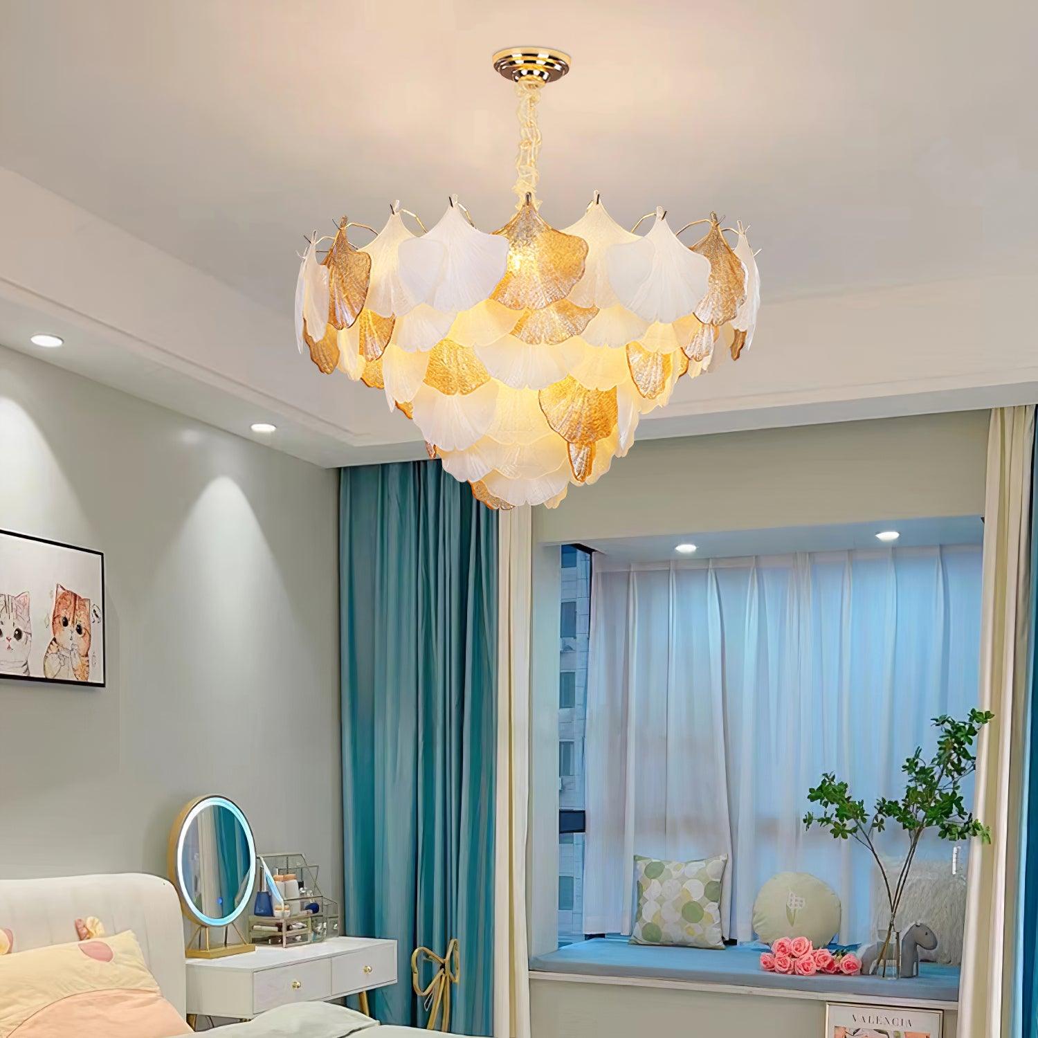 Fionel Amber and White Glass Leaf Chandelier - Neutralighting