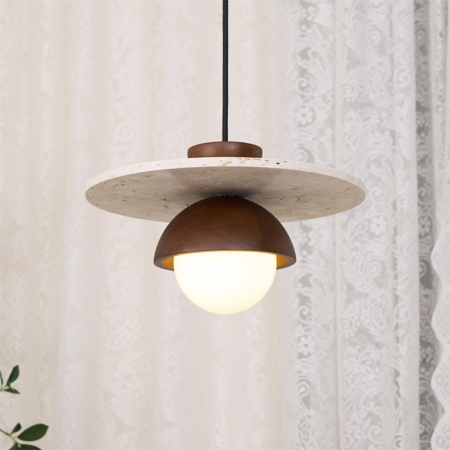 Pendant Lamp Glass Globe Travertine Disc Walnut Wood Natural - Neutralighting