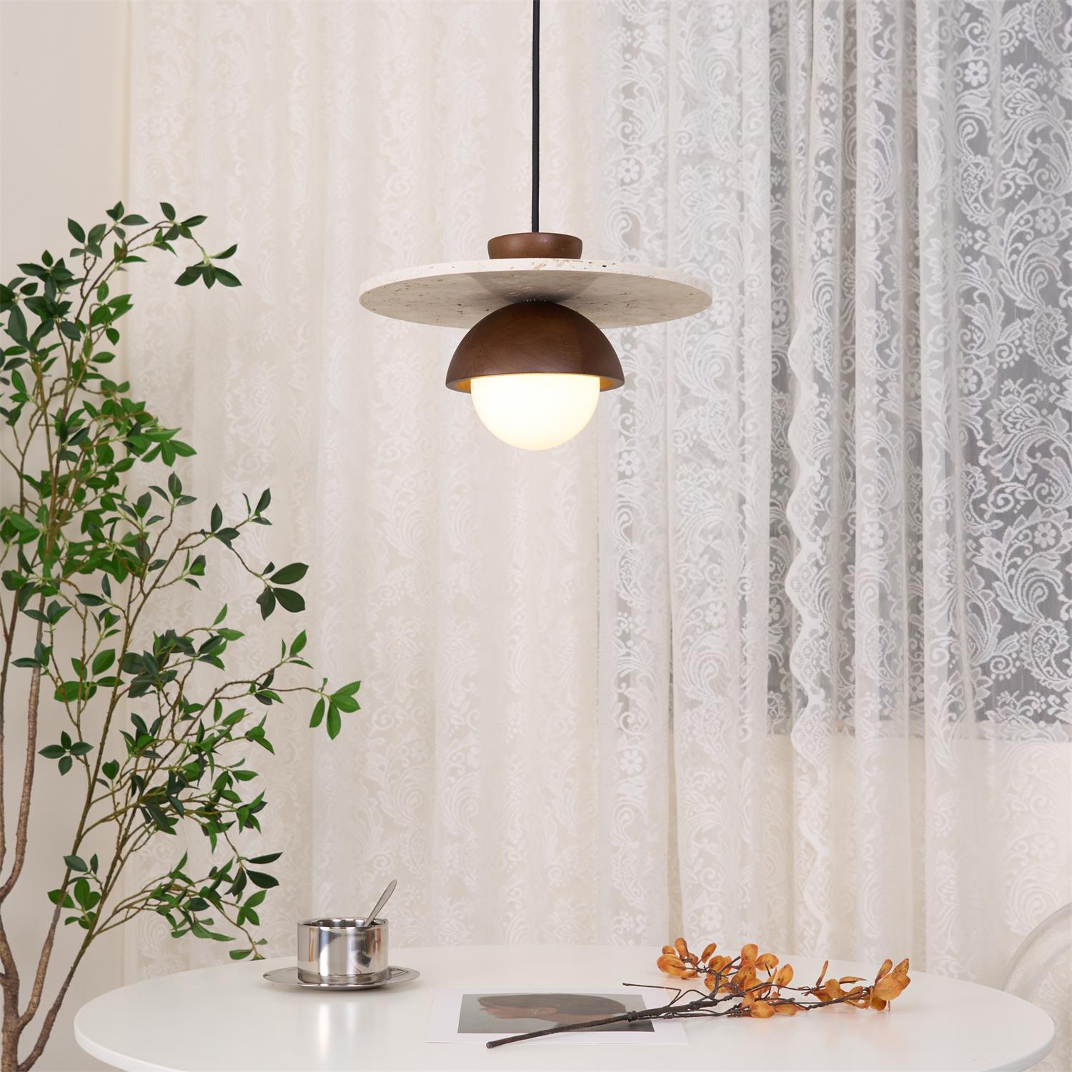 Pendant Lamp Glass Globe Travertine Disc Walnut Wood Natural - Neutralighting