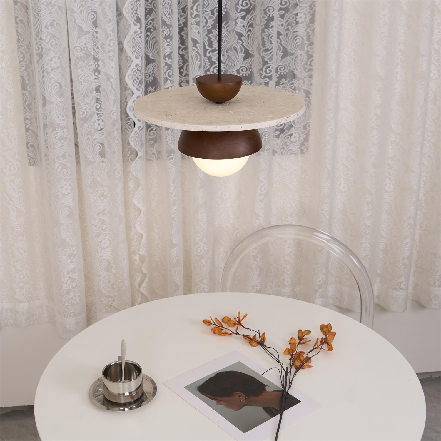 Pendant Lamp Glass Globe Travertine Disc Walnut Wood Natural - Neutralighting