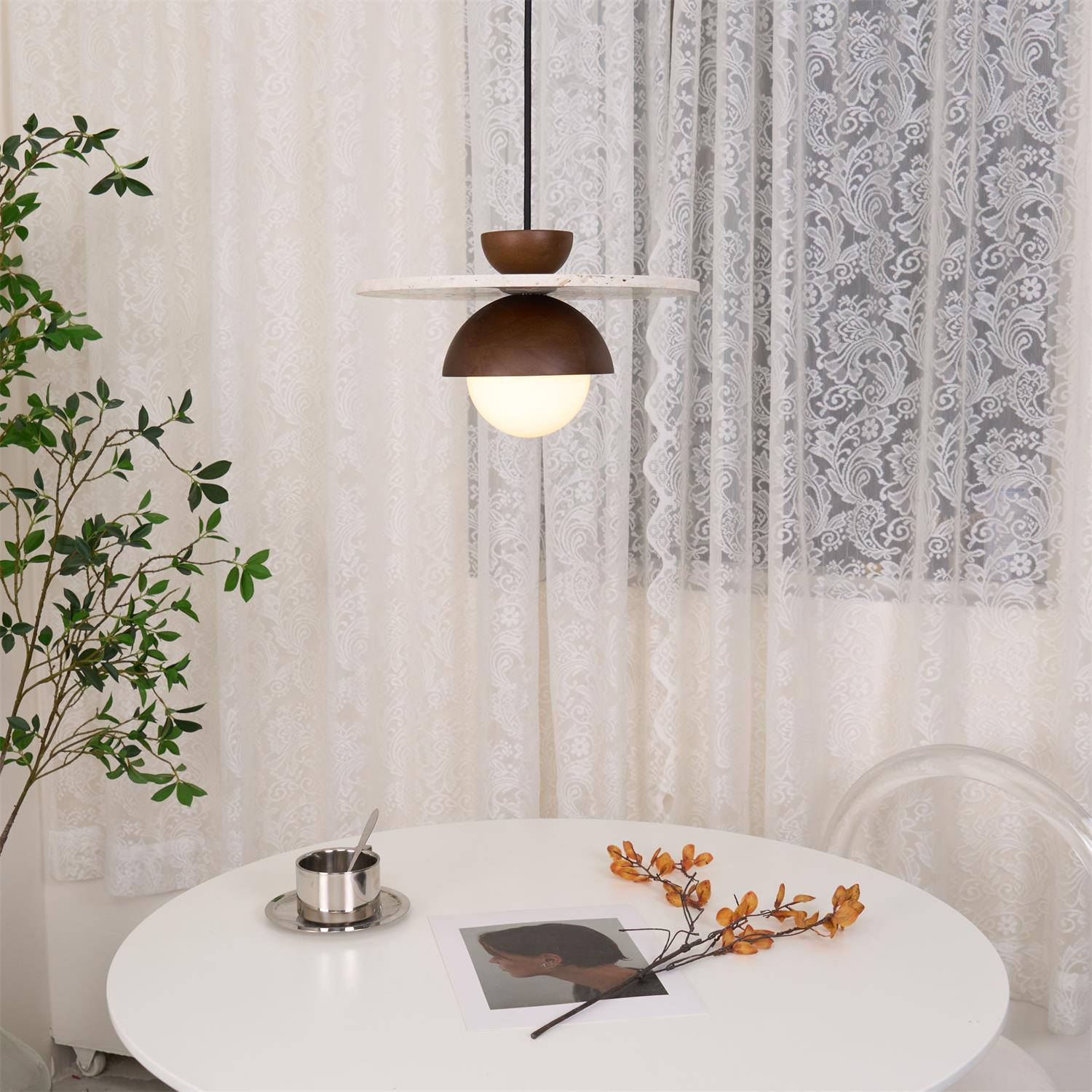 Pendant Lamp Glass Globe Travertine Disc Walnut Wood Natural - Neutralighting
