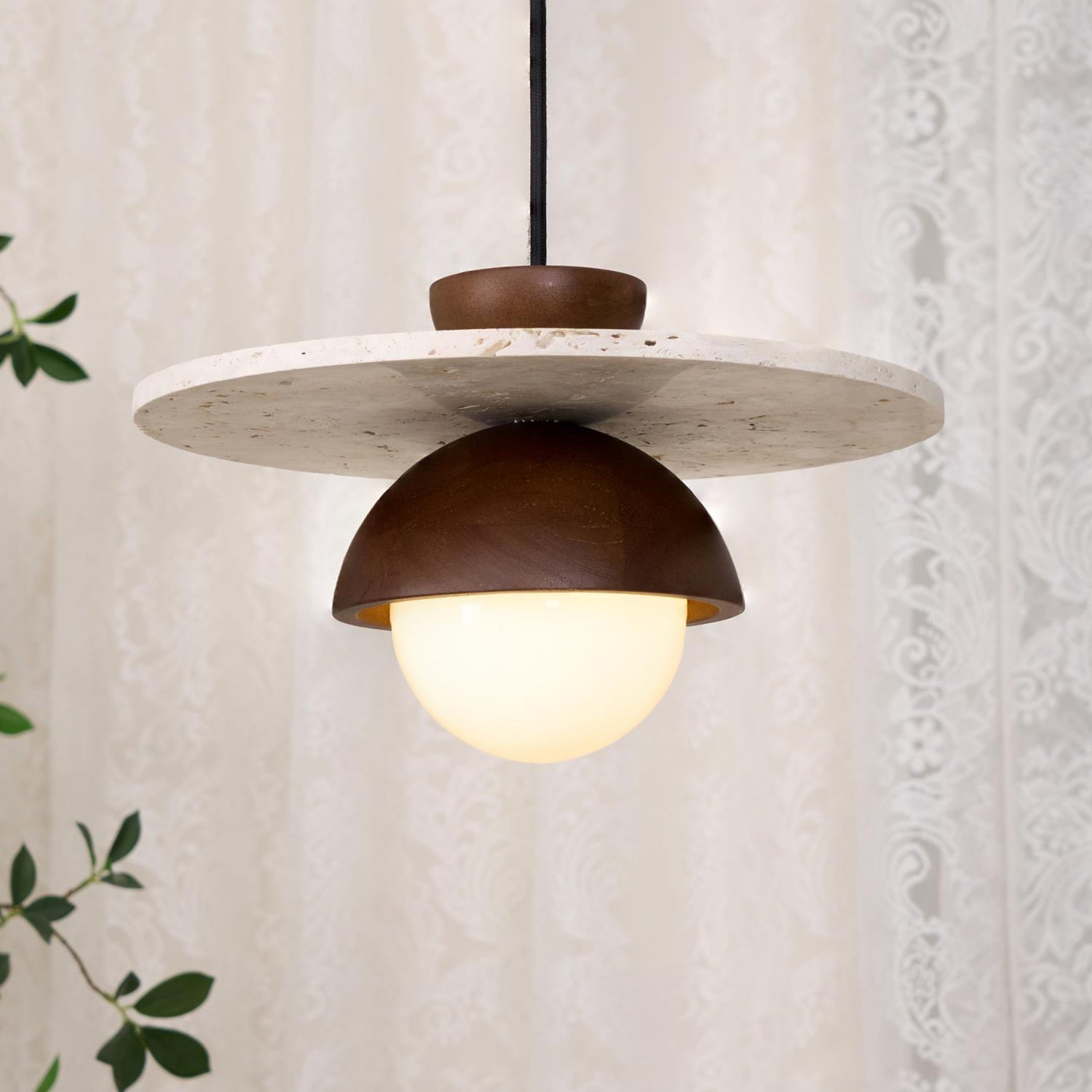 Pendant Lamp Glass Globe Travertine Disc Walnut Wood Natural - Neutralighting