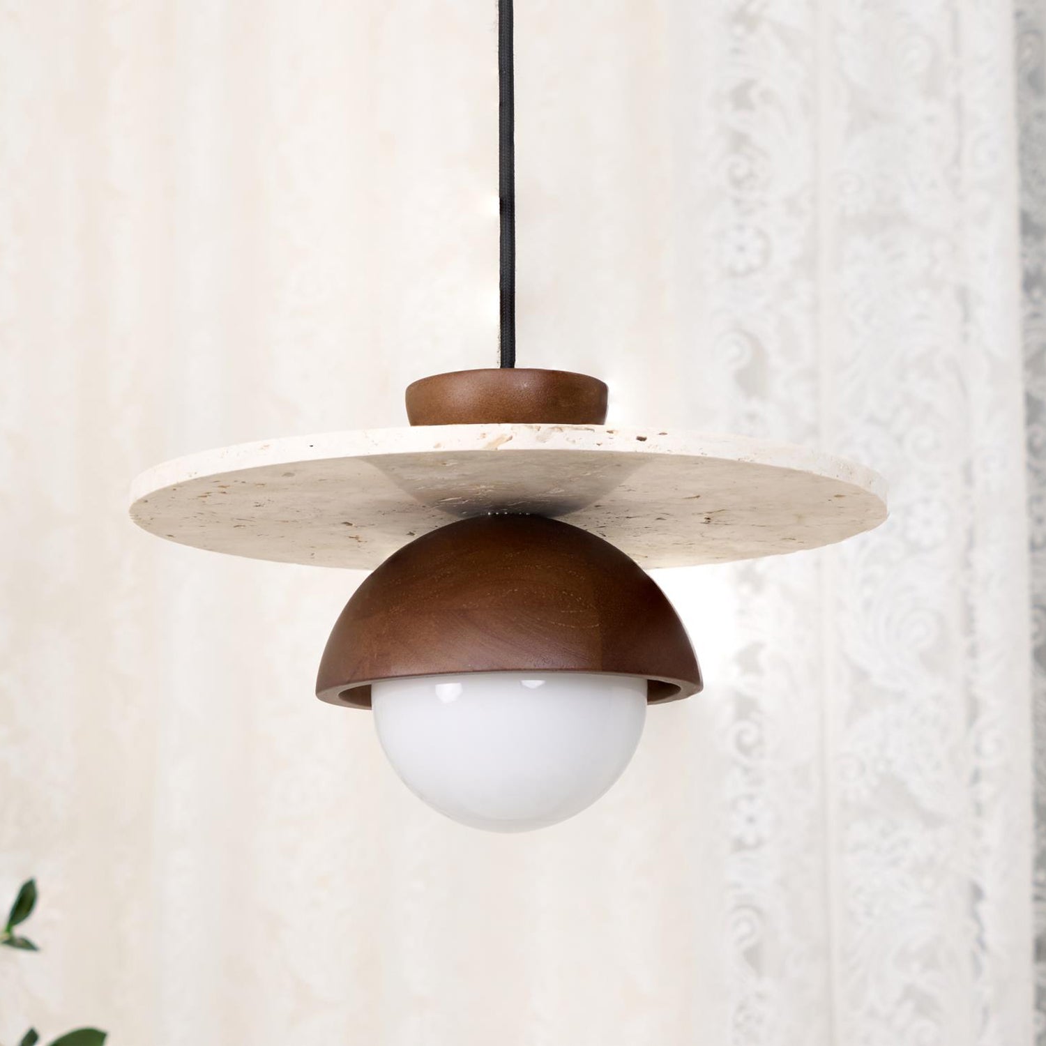 Pendant Lamp Glass Globe Travertine Disc Walnut Wood Natural - Neutralighting