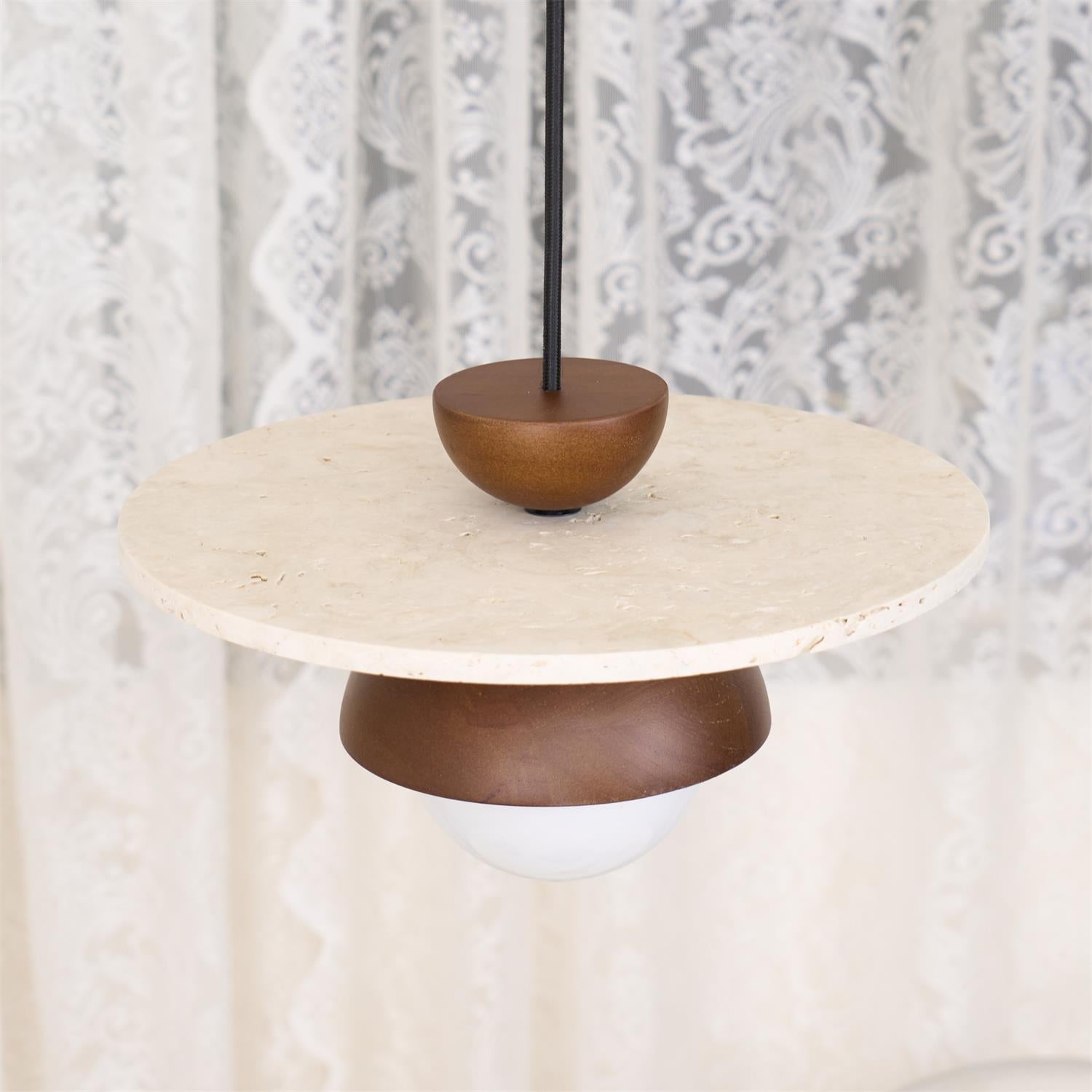 Pendant Lamp Glass Globe Travertine Disc Walnut Wood Natural - Neutralighting